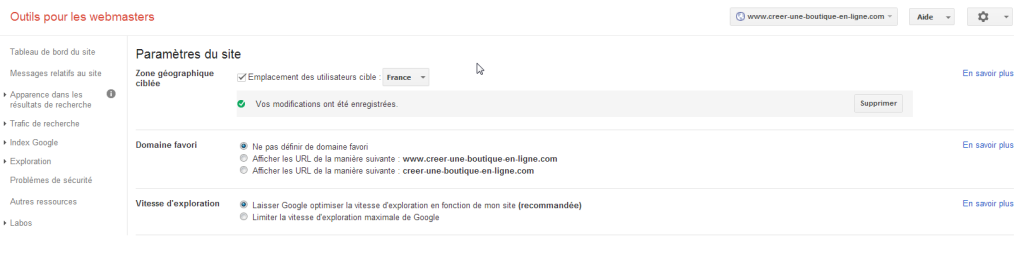Outils pour les webmasters - Paramètres du site